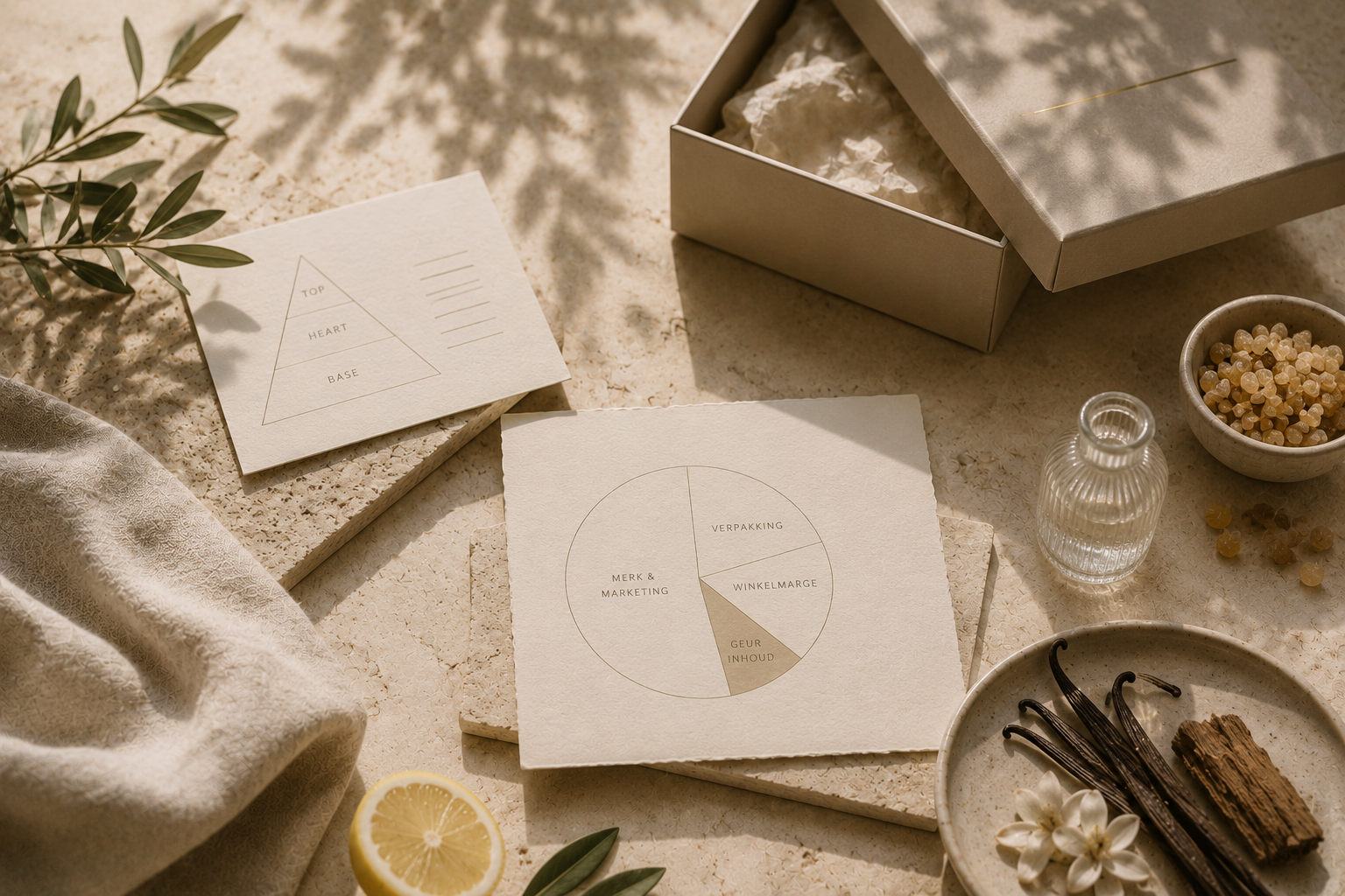 Minimalistische flat lay met luxe verpakkingsmaterialen, parfumingrediënten en een eenvoudige kostenverdeling als sfeerbeeld voor een blog over waar je voor betaalt bij een dure parfum.