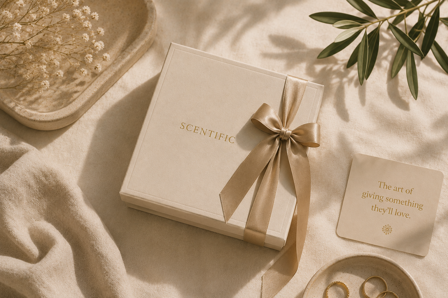 Elegante cadeauverpakking in rustige beige tinten als sfeerbeeld voor een gids over het kiezen van een parfum als cadeau.